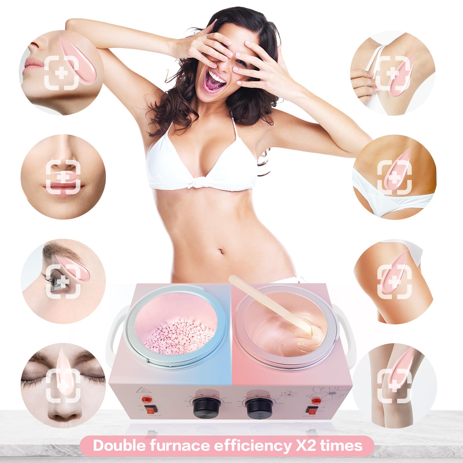 Portable Wax Warmer with Adjustable Temperature and 40 Wax Sticks - Painless Hair Removal for Women and Men (Pink-Double Pots)