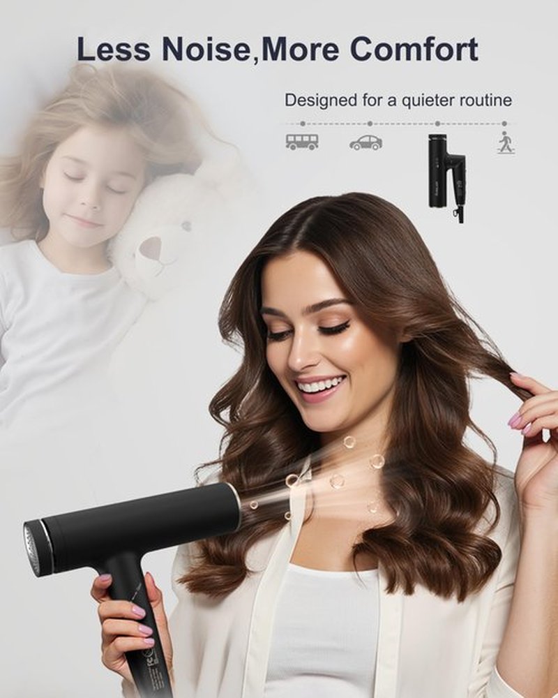 Annlary Hair Dryer, Blow Dryer with Diffuser for Curly Hair | Plasma Ionic Hairdryer for Frizz Control | Low Noise | Foldable for Travel | 6.5Ft ALCI Cord | Magnetic Nozzle for Faster Drying