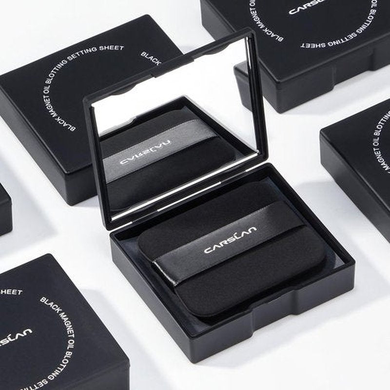 CARSLAN Makeup Blotting Paper with Powder, Black Magnet Blotting Sheet for Oily & Combination Skin, Portable Compact with Puff & Mirror, Keeps Makeup Fresh All Day, 450 Sheets + 8 Refill Adhesive Pads