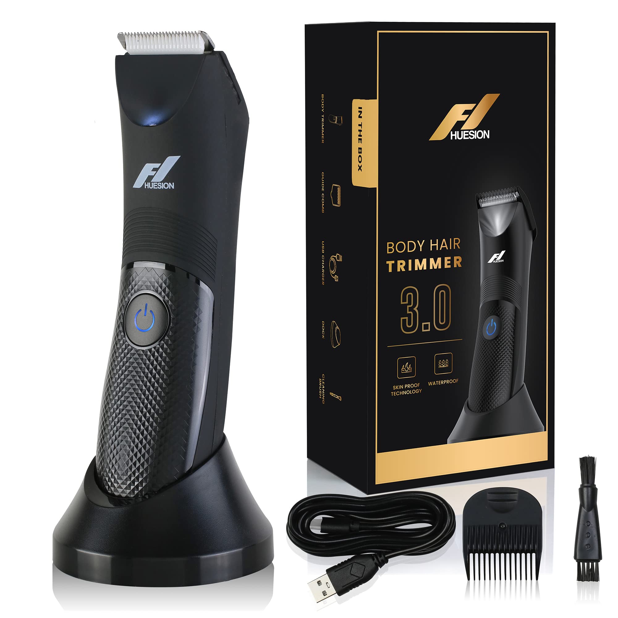 Fhuesion® Manscape Trimmer for Men -IPX7 Waterproof Ball Trimmer w/Light & Ceramic Blade, Body Groomer for Pubic/Body/Groin Grooming, Electric Razor Shavers USB-C Charging, No Nicks, Gifts for Him