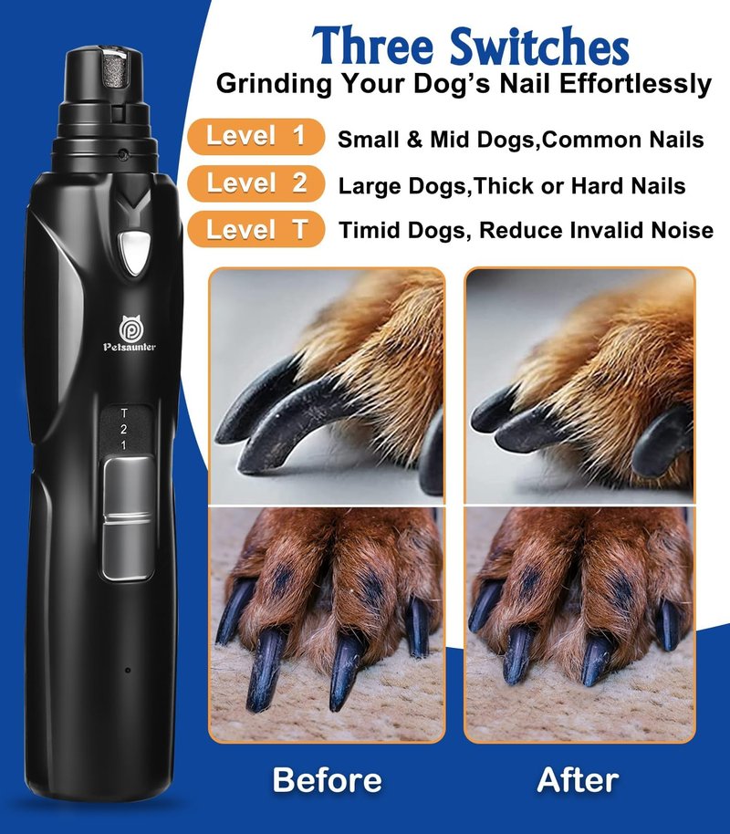 Petsaunter Dog Nail Grinder, 2-Speed and LED Light, Touch-Switch, TypeC, Quiet and Low-Vibration Dog Nail Trimmers, and 3 Ports for Large Dogs, Medium, Small Dogs Cats Pets with Hard or Thick Nail