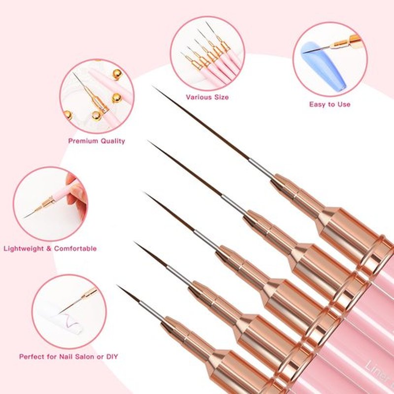 Nail Art Brushes, 5PC Nail Liner Brush Set, UV Gel Polish Painting Art Design Pen for Long Lines, Thin Details, Fine Drawing Sizes 4/8/12/20/25mm(Pink)