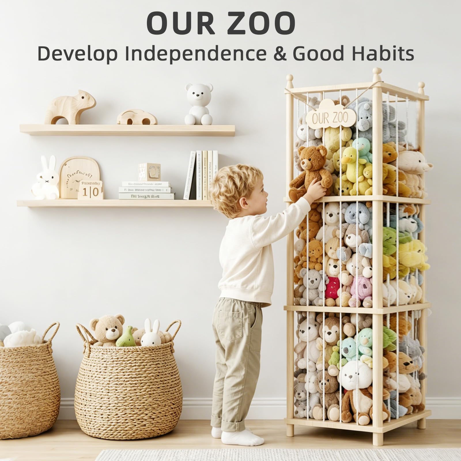 MIRCNY Stuffed Animal Storage Zoo - 54 Inch Large Wooden Toy Organizer | Anti-Tip Design Plushie Storage Rack for Nursery & Playroom | Easy Assembly