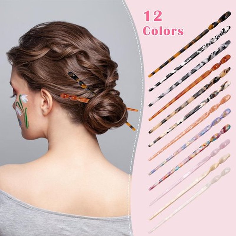 12P Acetate Hair Sticks Set, Coldairsoap 12 Colors Tortoise Shell Hair Pins Straight Chopsticks Vintage French Hair Forks for Women (12P)
