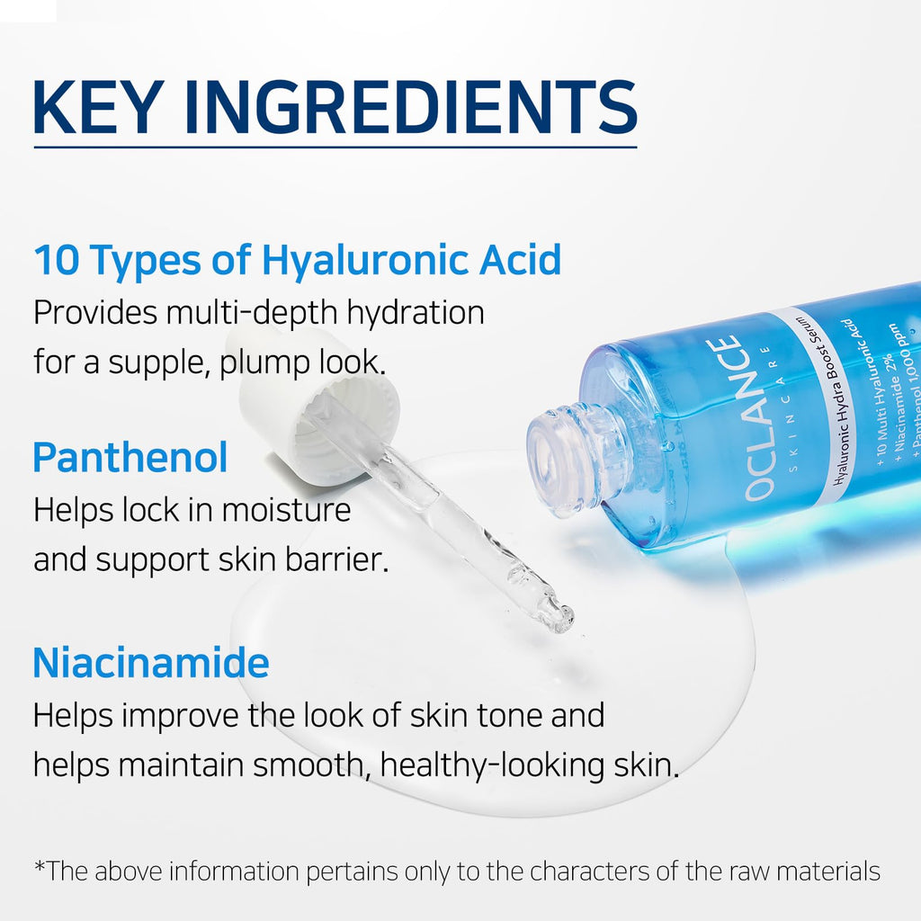 OCLANCE Hyaluronic Hydra Boost Serum with 10 Multi Hyaluronic Acid, Niacinamide, Panthenol | Lightweight, Hydrating for Glowing Skin | Non-Greasy, Fragrance-Free, Korean Skincare | 50ml / 1.69 fl. oz
