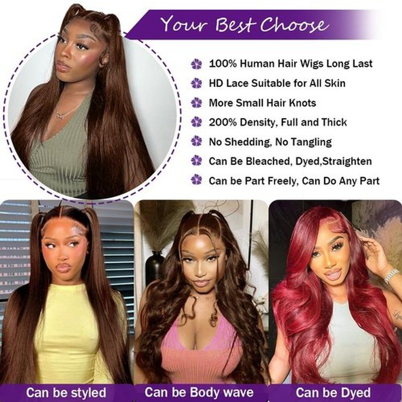32 Inch Chocolate Brown Lace Front Wig Human Hair 200 Density Brown Wig Human Hair 13x6 Transparent HD Straight Lace Front Wigs Human Hair Pre Plucked Wigs for Women Colored Frontal Wigs Human Hair