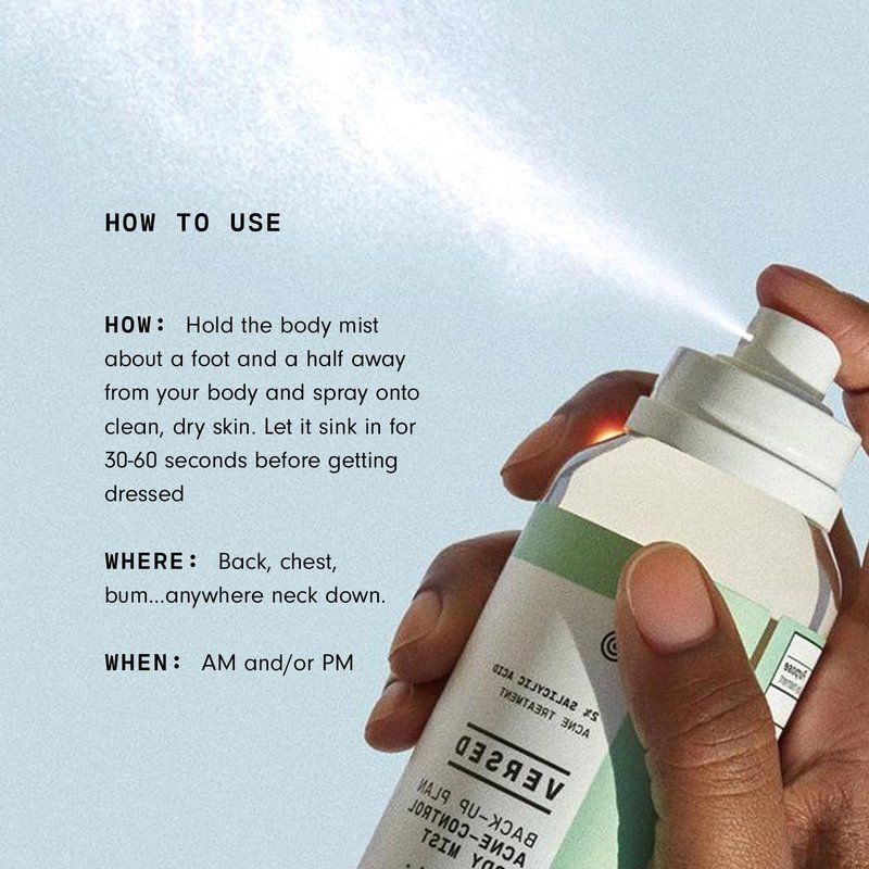 Versed Back-Up Acne Control Body Mist - Salicylic Acid & Tea Tree Oil Spray for Blemish Relief - Vegan 3 oz