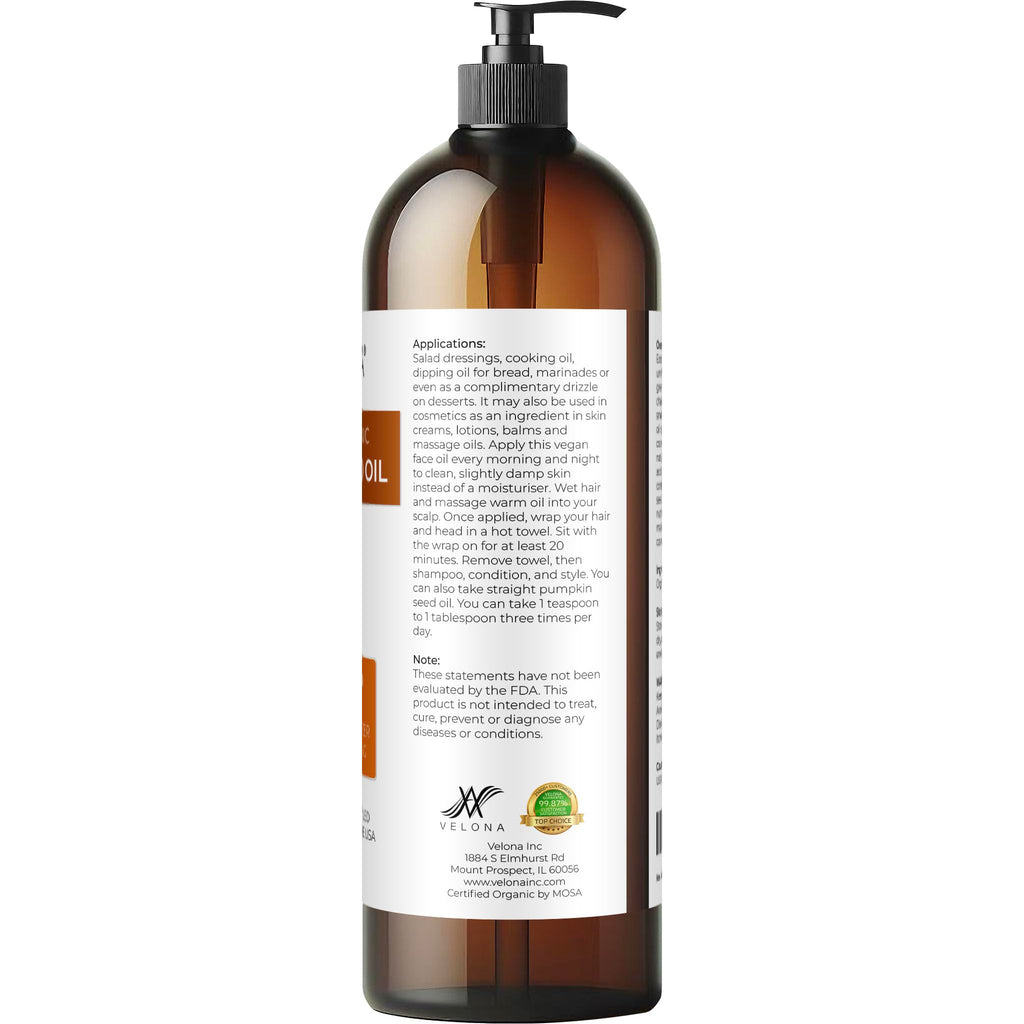 velona Pumpkin Seed Oil USDA Certified Organic - 32 fl oz | 100% Pure and Natural Carrier Oil | Unrefined, Cold Pressed | Cooking, Face, Hair, Body & Skin Care | Use Today - Enjoy Result