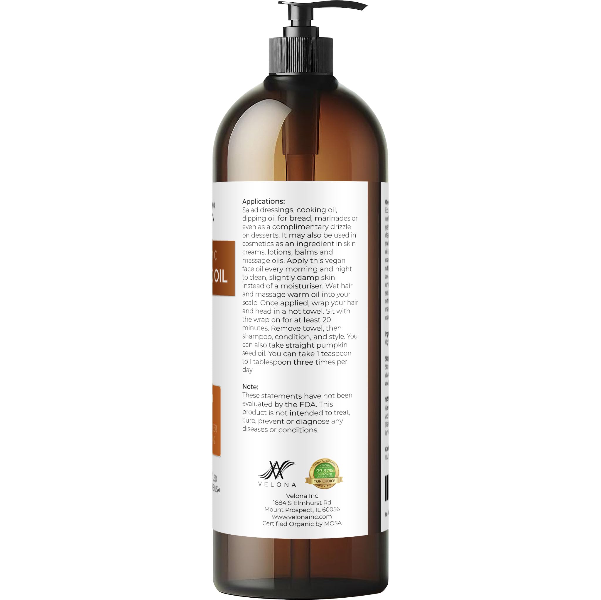velona Pumpkin Seed Oil USDA Certified Organic - 32 fl oz | 100% Pure and Natural Carrier Oil | Unrefined, Cold Pressed | Cooking, Face, Hair, Body & Skin Care | Use Today - Enjoy Result