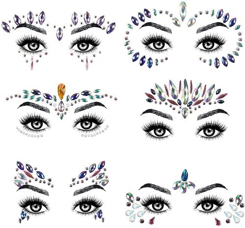 AOMIG Face Gems Glitter, 6 Pcs Rhinestone Face Glitter Stickers, Mermaid Face Jewels Stick On, Crystal Tears Gem Stones Eyes Face Body Temporary Tattoos Stickers for Christmas Makeup Gift