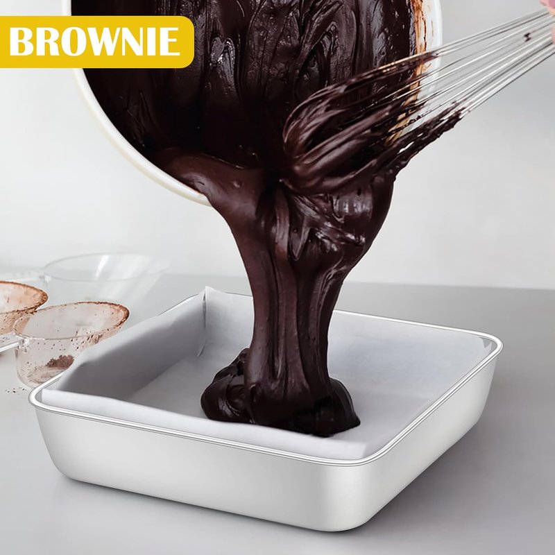 E-far Stainless Steel Square Cake Pans Set of 2 - 8x8 Inch Non-Toxic Bakeware for Lasagna & Brownies