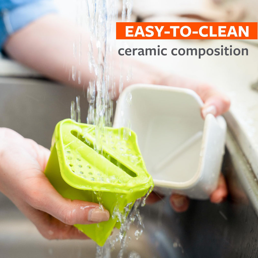 Full Circle Stash, Ceramic Kitchen Sink Caddy, Stylish Modular Sponge Holder & Dish Brush Organizer, Gray and White, 11"