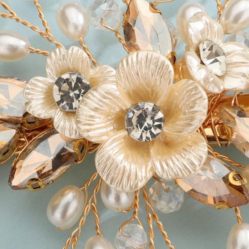 Rumtock Pearl and Flower Gold Champagne Hair Clip for Wedding Brides Bridesmaid Flower Girls Handmade Hair Piece (Champagne)