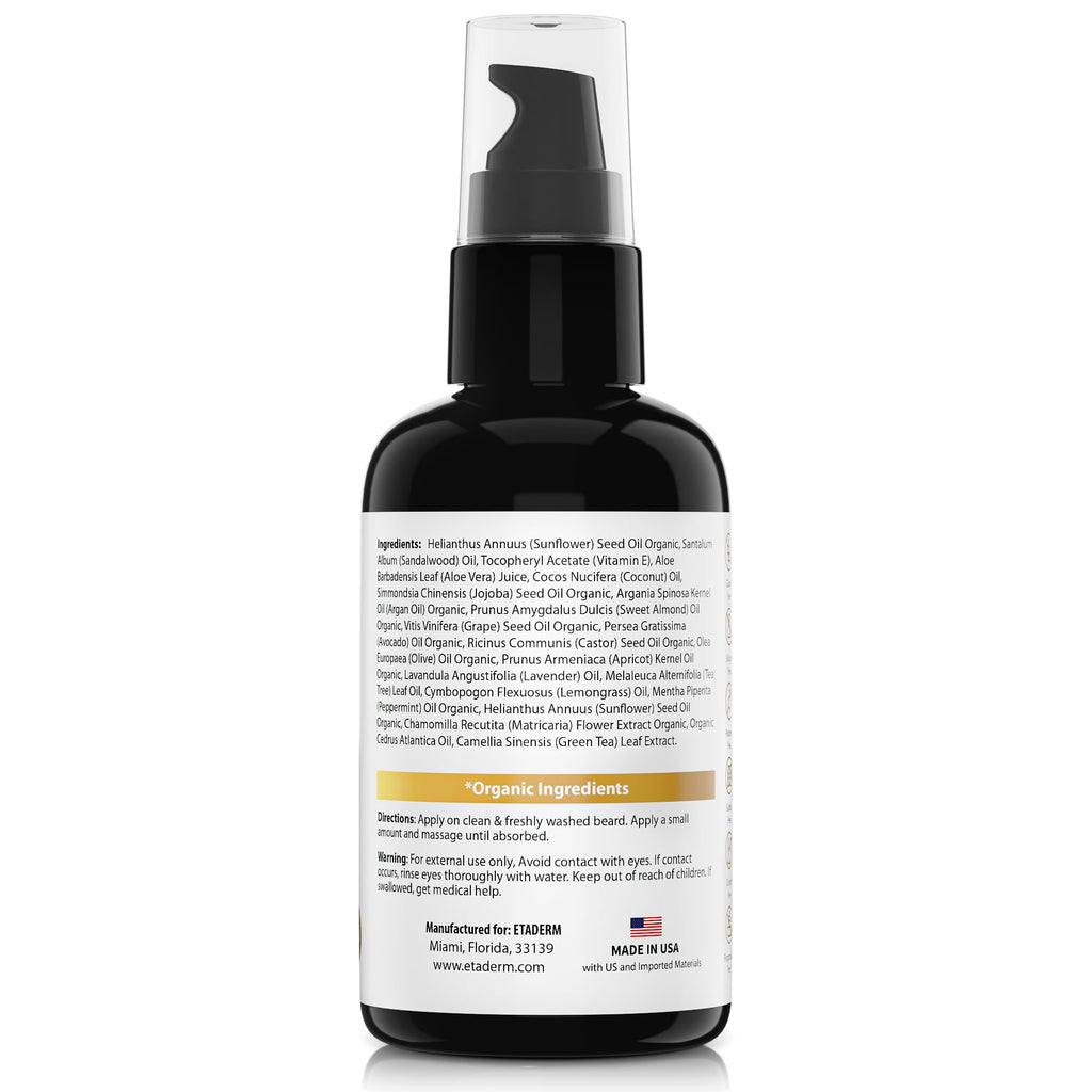 ETADERM Beard Growth Oil - Beard Oil for Men with Aloe Vera, Jojoba, Castor Seed, Green Tea Leaf and Sandalwood Oil - Hair Growth Oil Moisturizer and Strengthens Facial Hair - Beard Conditioner 2oz