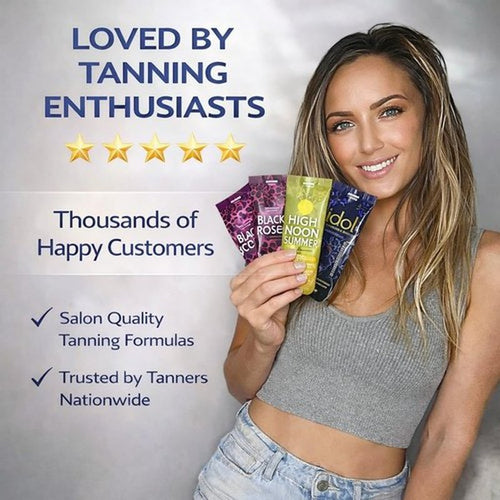 10 Pack of Tanning Bed Lotion Packets + Eyewear – The Tan Box, Best Indoor UV or Outdoor Sun Cream, Dark Accelerator with Goggles (0.5 oz each)