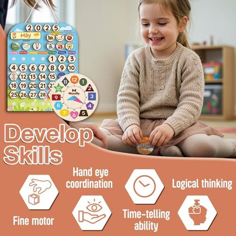 Skiennix Interactive Wooden Calendar for Kids Ages 3+ | Teaches Seasons & Daily Activities (12 x 15 Inches)