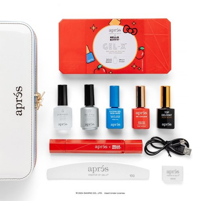 APRÉS x Hello Kitty® Gel-X Nail Extension Kit w/ Natural Almond Bow Cut Nail Tips, Extend Gel, Bonder, Gel-X Prep, Sanrio Omni Light