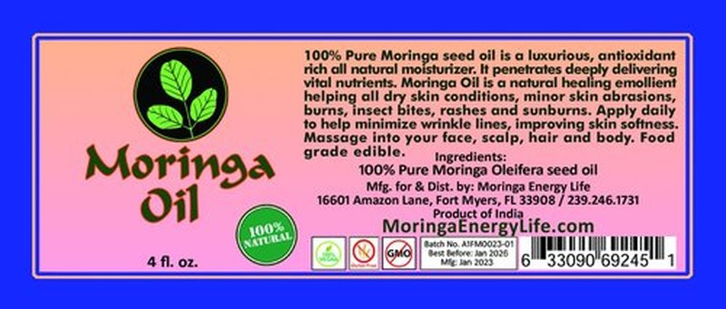 Moringa Energy Life Moringa Oil 4 oz – 100% Pure Moringa Seed Oil, Cold-Pressed for Face, Skin and Hair, Body, Oil