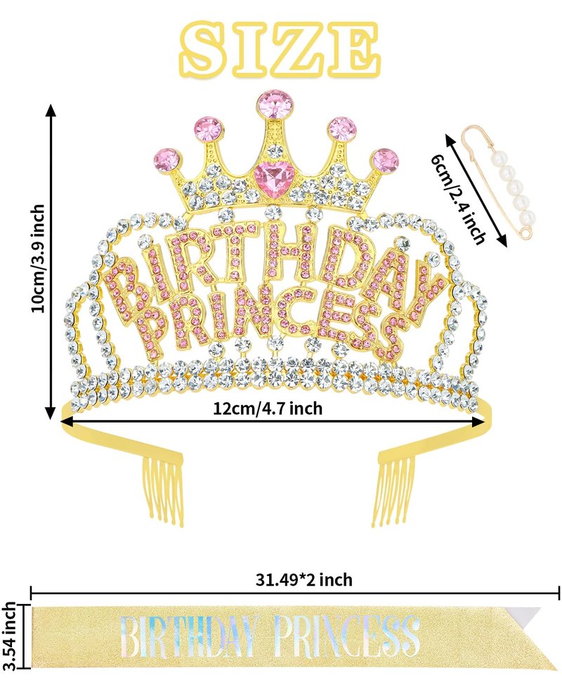 Wecoe Gold Birthday Crown and Sash: Women's Princess Crown with Rhinestone Tiaras & Sash - Happy Birthday Party Favors & Decorations for Adult Women Celebrants