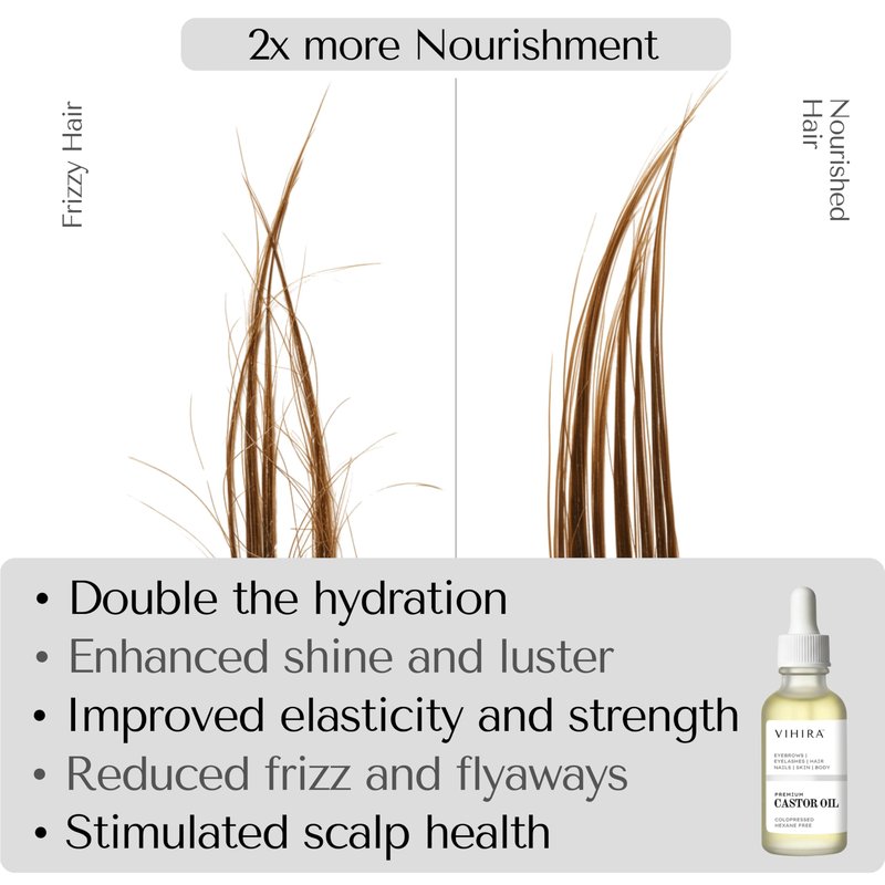 Vihira Organic Golden Castor Oil (2 Fl Oz | Premium Grade), True Cold Pressed, 100% Pure, Hexane Free, for Hair, Eyelash, Eyebrow, Cuticles, Nails, Skin, Belly Button & More.