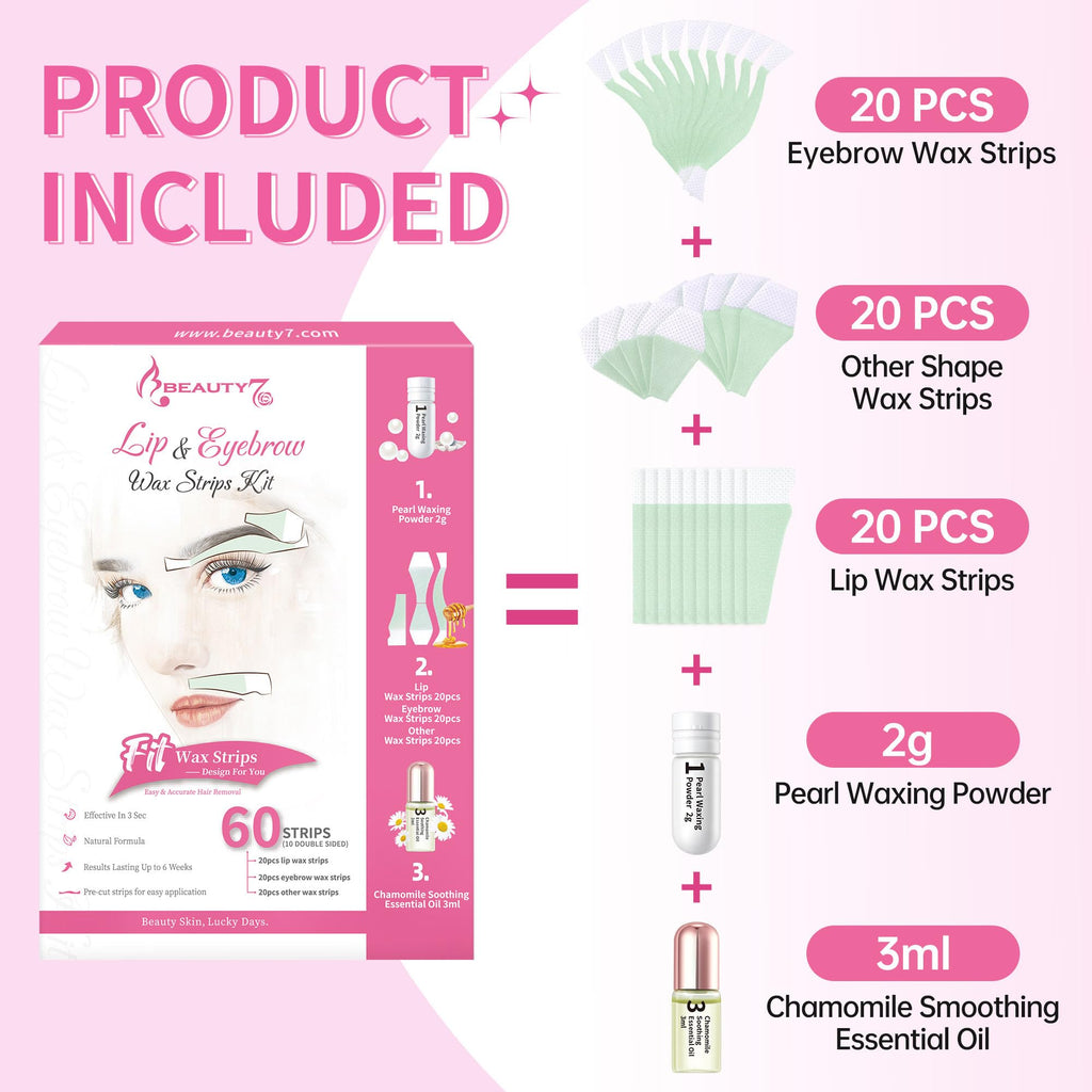 Beauty7 Pre-Cut Facial Wax Strips for Women, Large Packs 60 Strips, Eyebrow and Lip Hair Removal with Pearl Powder and Essential Oil, for All Skin Types
