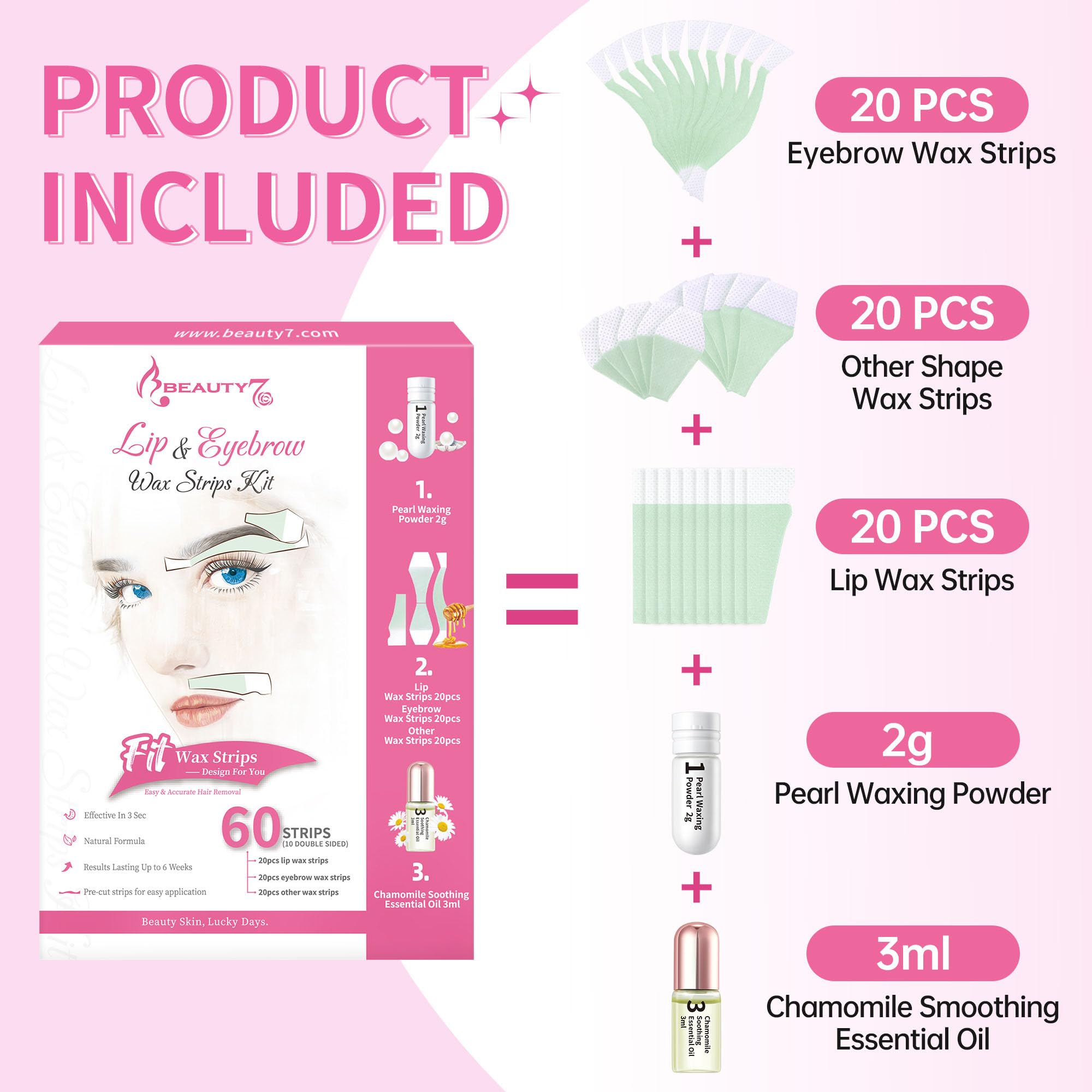 Beauty7 Pre-Cut Facial Wax Strips for Women, Large Packs 60 Strips, Eyebrow and Lip Hair Removal with Pearl Powder and Essential Oil, for All Skin Types
