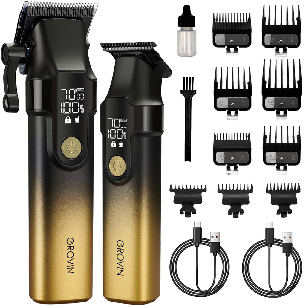 GROVIN Hair Clippers for Men, Cordless Hair Clipper and Trimmer Set with LED Display & Adjustable Speed, 2 Professional Clippers with 9 Guide Combs for Hair Cutting