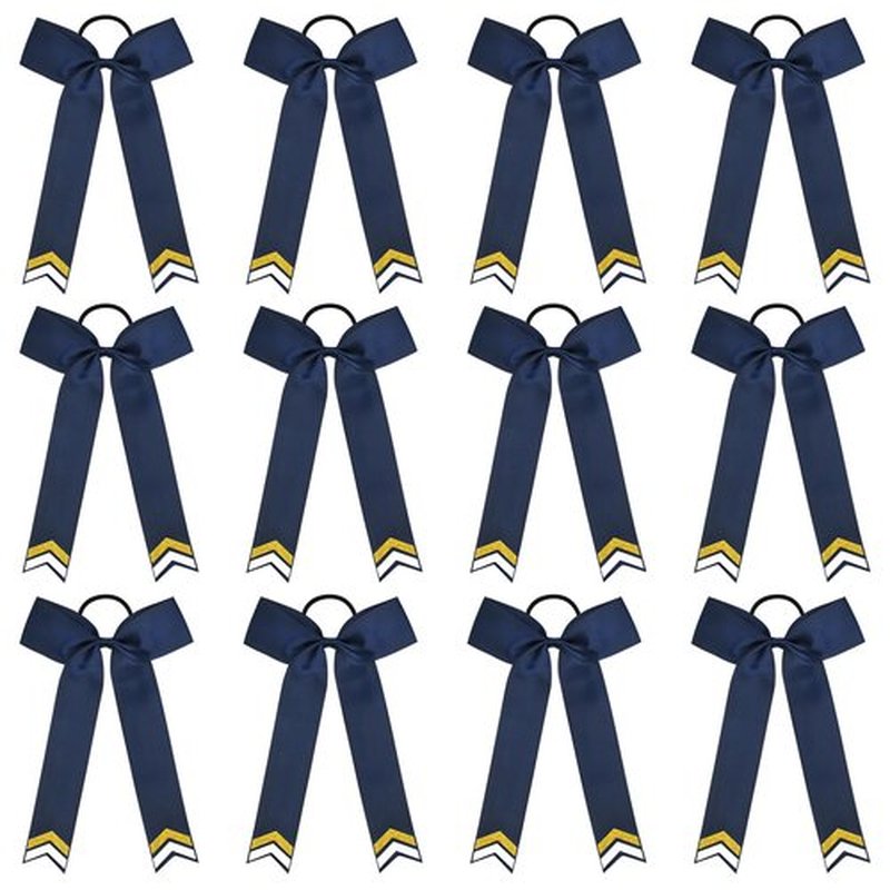 DEEKA 12PCS Collegiate Style Cheer Bows with Glitter Chevrons Tail Skinny College Cheerleader Ponytail Holder for Volleyball Softball Girls (Navy Blue/Gold/White)