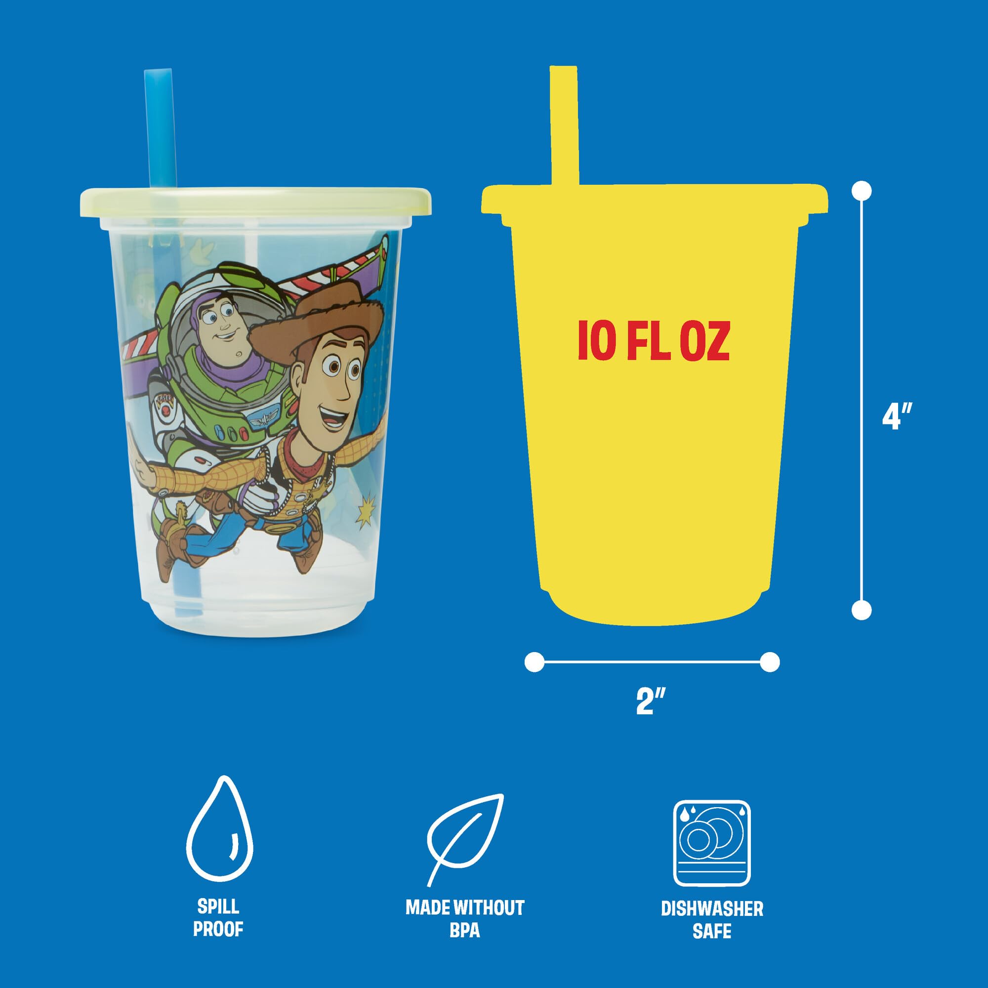 The First Years Take & Toss Toy Story Straw Cups - Spill-Proof Kids Cups with Snap-On Lids and Straws - Portable and Dishwasher Safe - 10 Oz - 10 Count - Ages 18 Months and Up