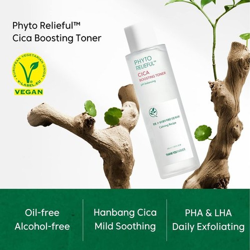 THANKYOU FARMER Phyto Relieful CICA PHA LHA Boosting Toner 7.03 fl oz (200ml), Dermatologist Tested, Alcohol-Free Liquid Exfoliant for Face, Oil-Free Hydrating Toner, Vegan, Fragrance-Free