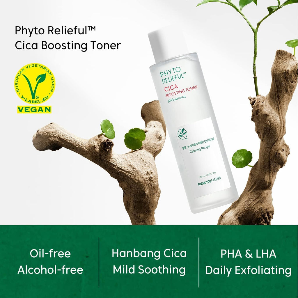 THANKYOU FARMER Phyto Relieful CICA PHA LHA Boosting Toner 7.03 fl oz (200ml), Dermatologist Tested, Alcohol-Free Liquid Exfoliant for Face, Oil-Free Hydrating Toner, Vegan, Fragrance-Free