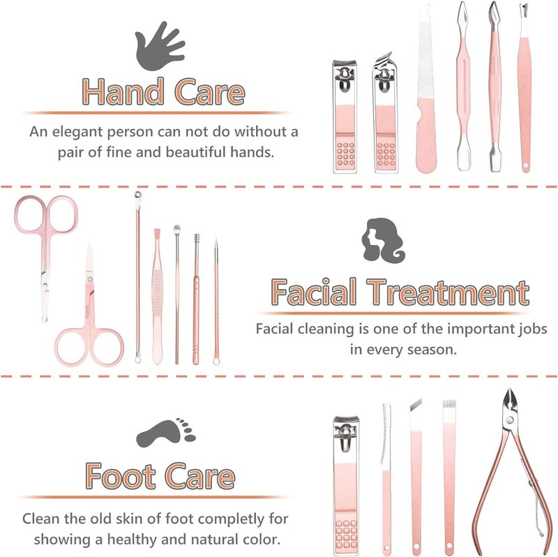 URAQT Nail Clippers for Men Women, 18 in 1 Stainless Steel Nail Kit Professional Manicure Pedicure Kit with Nail Scissors, Cuticle Trimmer, Leather Case, Portable Travel Home (Rose Gold)