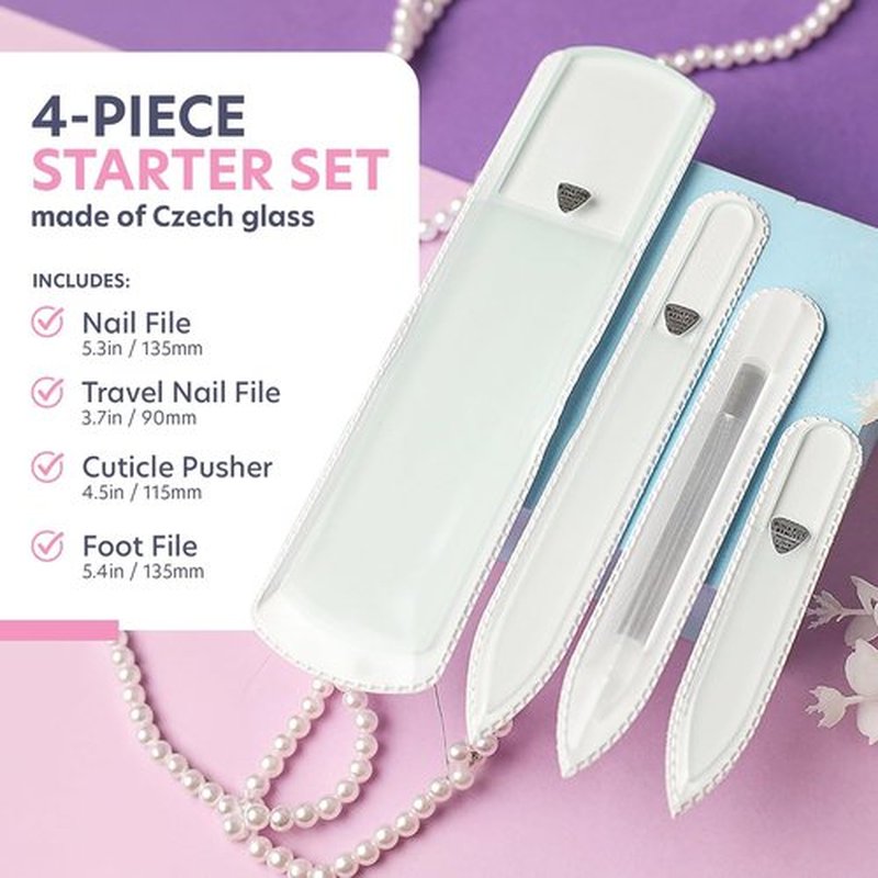 Bona Fide Beauty Nail Kit - Handmade Czech Glass | 4PC Gift Set for Teen Girls - Clear Color Essentials