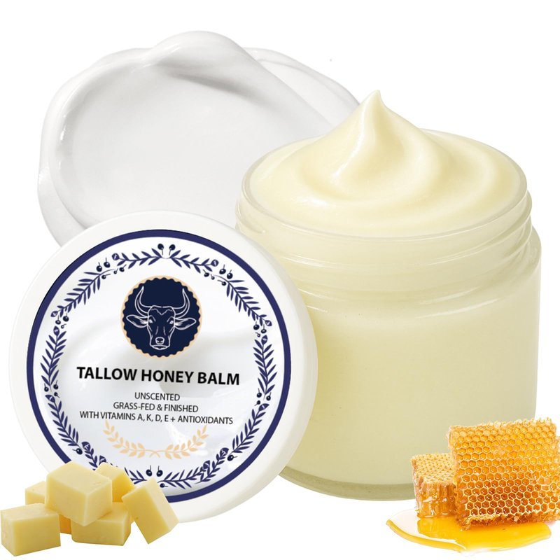 wuliao Grass Fed Tallow & Honey Balm – Organic Whipped Beef Tallow Cream with Manuka Honey, Cold-Pressed Olive Oil & Beeswax – Natural Face & Body Moisturizer for Dry, Sensitive Skin