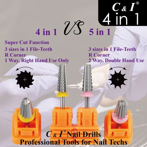 C & I Nail Drill Bit 4 in 1 Super Cut E-File, Multi-Function Plus Upgrade File-Teeth, Slim Barrel & Straight Cut, for Manicure Drill Machine, Help Nail Tech to Remove Nail Works (Double Coarse-XXC)