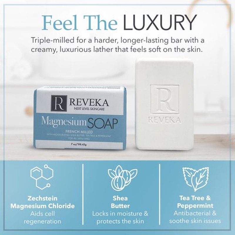 Reveka Skincare Magnesium Soap – 4-in-1 Natural Bar for Face, Body, Hair & Shaving | Triple-Milled with Shea Butter | USA-Made Peppermint Soap | 4 Pack (7 oz Each)