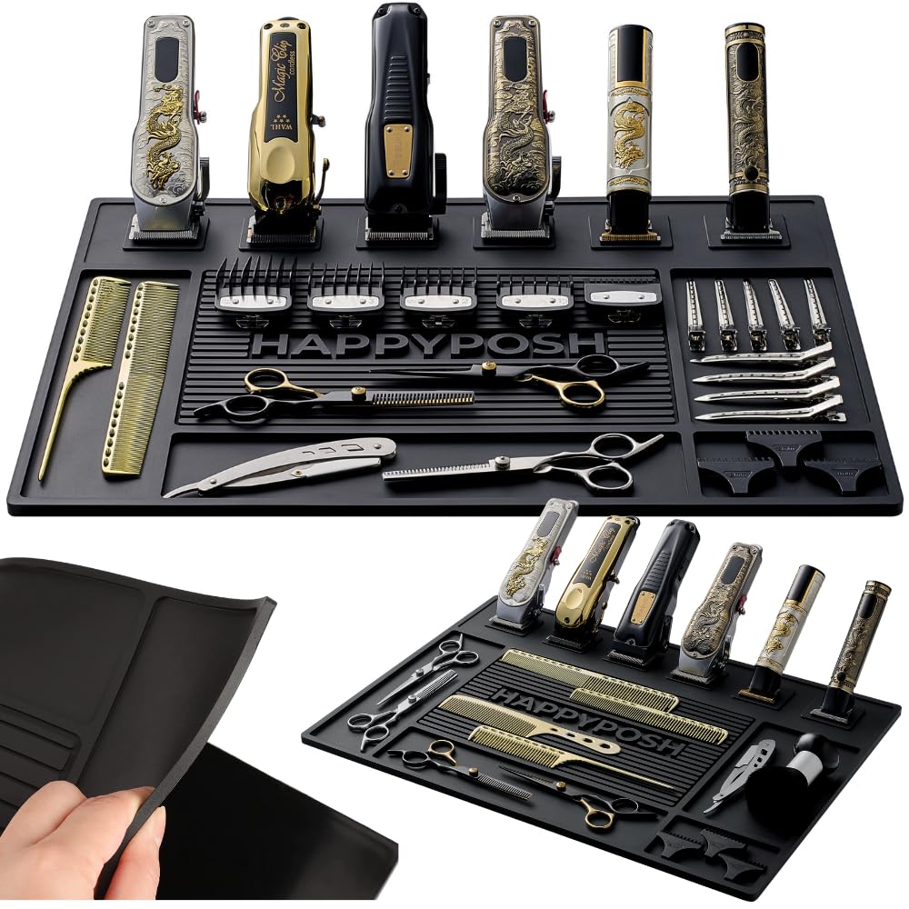 HAPPYPOSH Magnetic Barber Mat for Clippers, 20" x 14" Large Barber Station Organizer with 6 Strong Magnets, Non-Slip Heavy-Duty Rubber Mat, Keeps Tools Secure & Organized.Black