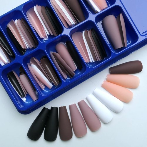 LoveOurHome 300pc Matte Coffin Press on Nails Long Fake Nail Kit, Coffin Nails Press ons Nail Medium Ballerina Acrylic Glue Nails Tips Full Cover Artificial Nails False Fingernail for Women Girls