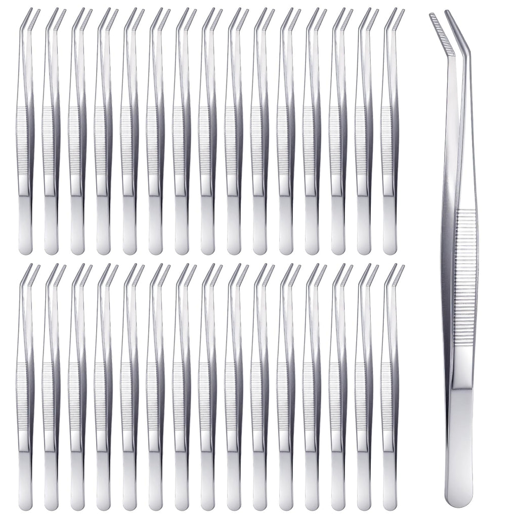 30 Pcs Stainless Steel Tweezers, Curved Serrated Tip Multipurpose Forceps, Crafting Sewing Machine Tweezers Bulk, Silver