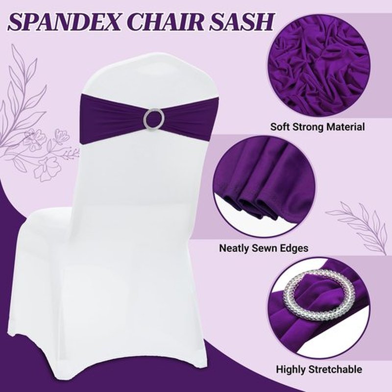 MDS Spandex Chair Sashes - Universal Fit Elastic Stretch Bands with Buckle Slider - Purple, Pack of 200