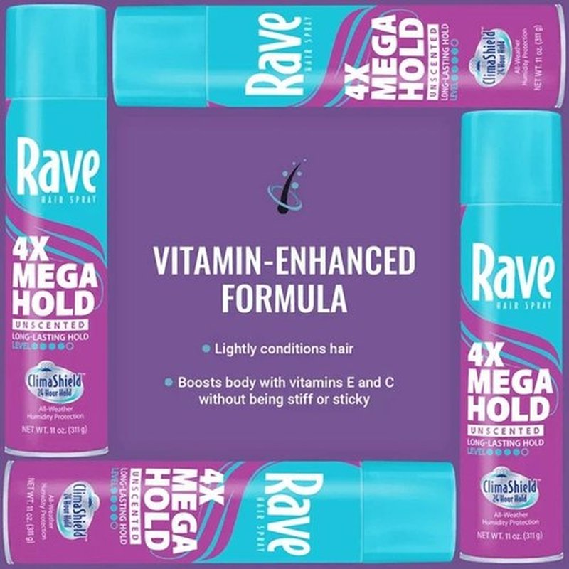 Rave 4X Mega Unscented Hairspray - 24-Hour Humidity-Resistant Hold - Vitamin-Enhanced Volume - 2 Pack