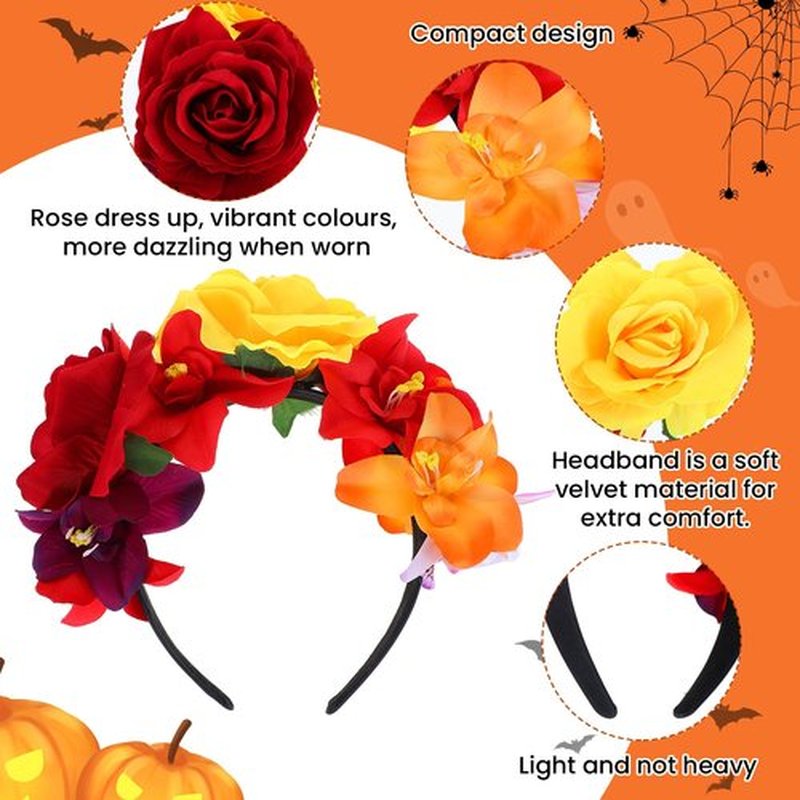 Amabro Halloween Headbands, Floral Day of the Dead Headband Mexican Flower Rose Crown Headpiece Halloween Cosplay Party Headdress Costume Hair Wreath Decorations for Women Men