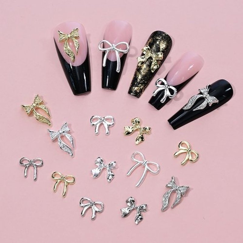 96Pcs/Box 3D Metal Bow Nail Art Charm Gold/Silver Alloy Bows Nail Charm for Nails Art 3D Alloy Bow Tie Jewelry Nail Rhinestone Kawaii Nail Crafts Decor DIY Accessories Manicure Designs Supplies