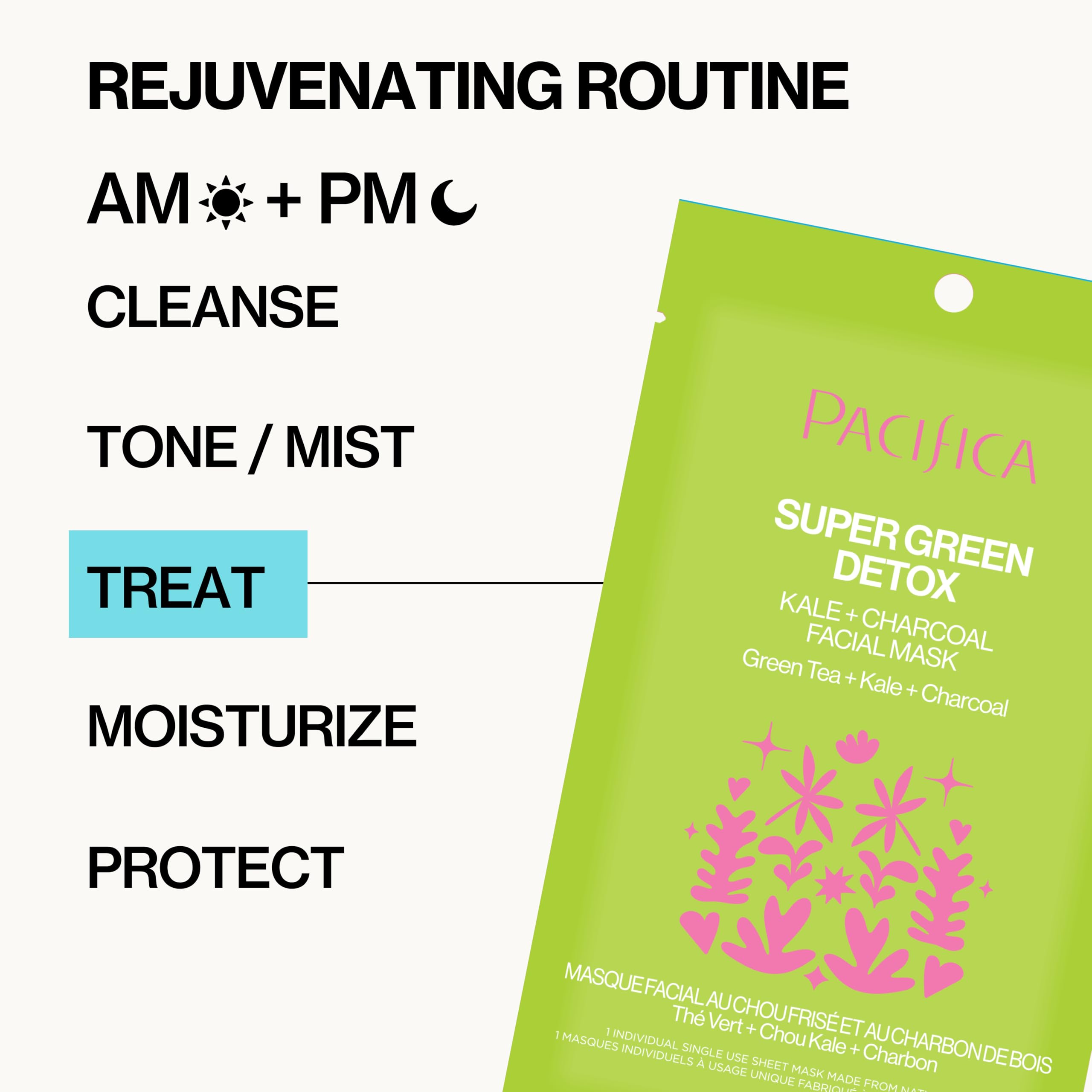 Pacifica Super Green Detox Sheet Mask – Charcoal, Kale & Clay Pore Cleansing Mask for Oily, Blemish-Prone Skin, Deep Detox Facial Mask, Vegan