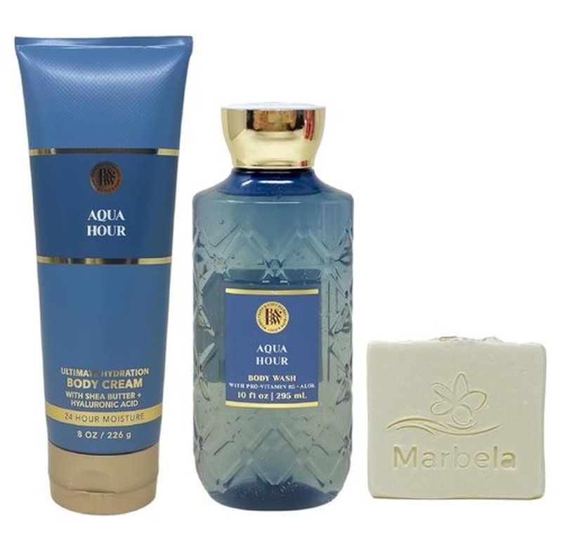 Bath & Body Works Aqua Hour Body Cream & Wash Duo Set | Full Size with Natural Oats Bar Soap