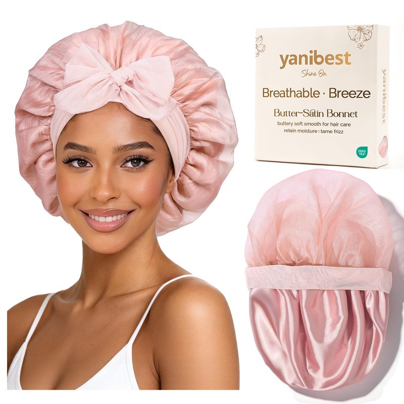 YANIBEST Breathable Soft Silk Bonnet for Sleeping, Breeze Satin Bonnet with Tie Band Hair Wrap Less Frizz Natural Curly Hair, Pink
