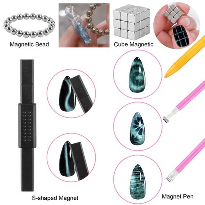TOROKOM Cat Eye Magnetic for Nails, 54PCS 3-in-1 Cat Eye Gel Nail Polish Magnet Tools Powerful Set Multiple Style Nail Magnets French Heart Beads Nail Art Tools for Nail Art Designs