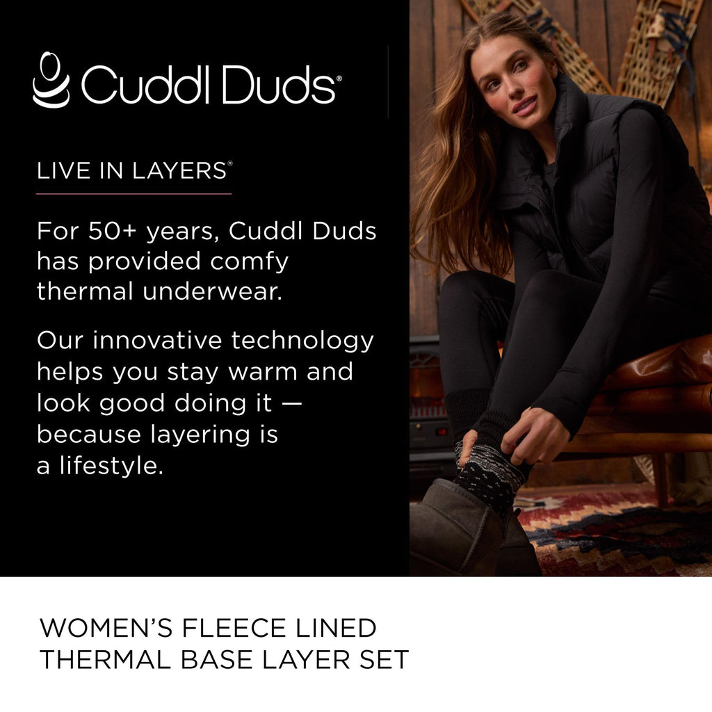 Cuddl Duds Womens Heavyweight Fleece 2 Piece Long Sleeve Thermal Underwear Set – Shirt & Leggings Base Layer for Cold Weather – Winter Clothing Long Johns Lounge Sets for Women, Black, M