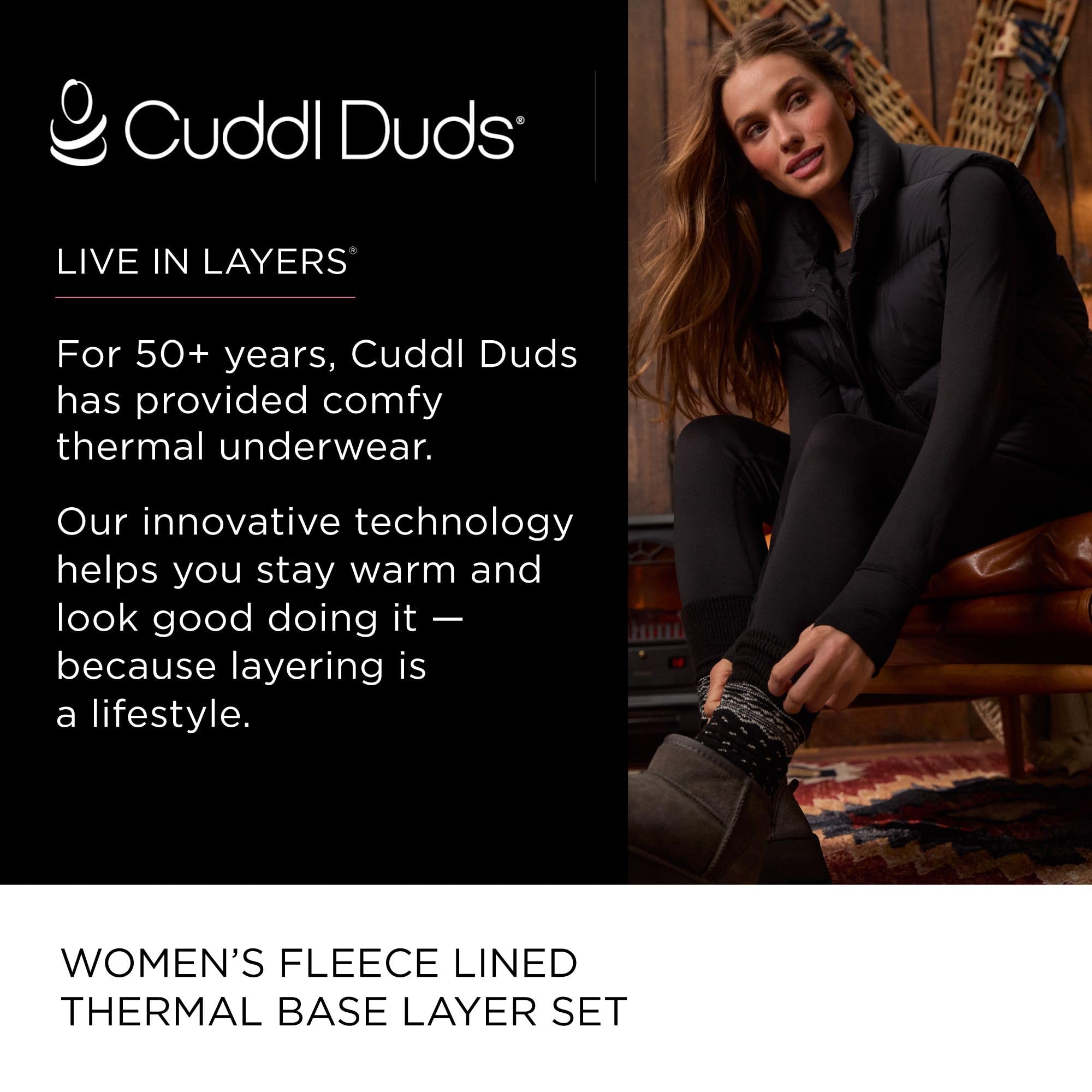 Cuddl Duds Womens Heavyweight Fleece 2 Piece Long Sleeve Thermal Underwear Set – Shirt & Leggings Base Layer for Cold Weather – Winter Clothing Long Johns Lounge Sets for Women, Black, M