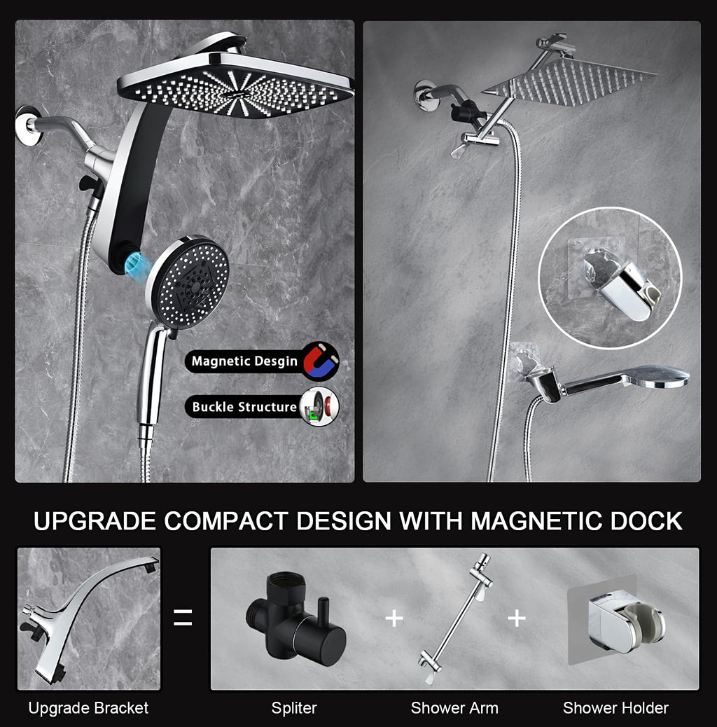BOZYBO Rain Shower Head with Handheld: High Pressure Shower Heads with Handheld Spray Combo, 12" Rainfall Shower Head and 9 Sprays Hand Showerheads with Magnetic Docking and Power Jets, Chrome 1.8GPM